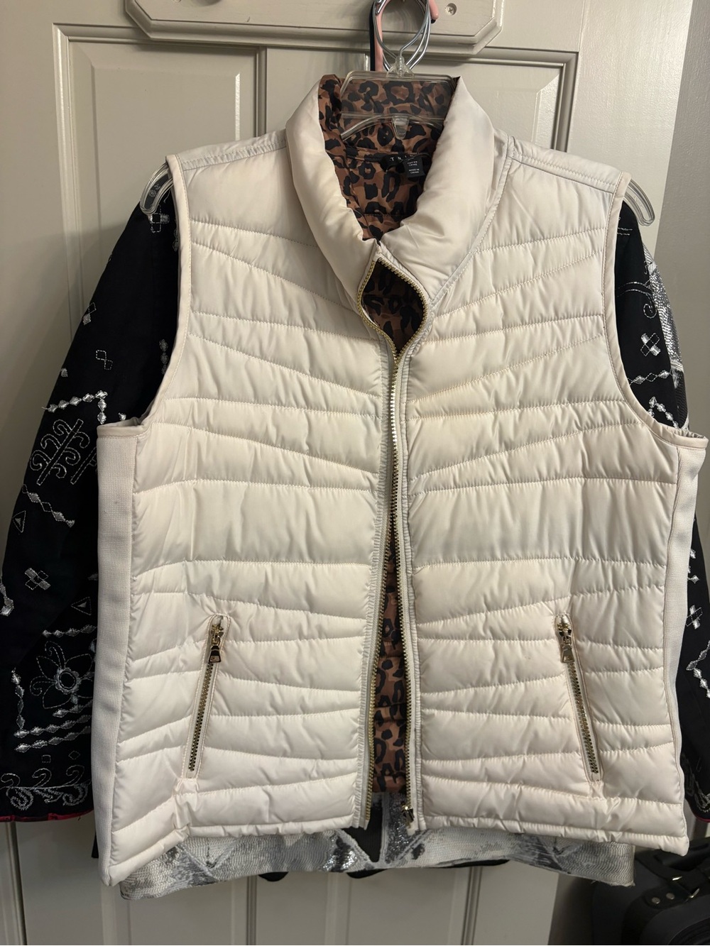 Tribal Ivory Quilted Puffer Vest with Gold Zippers  with leopard print inside